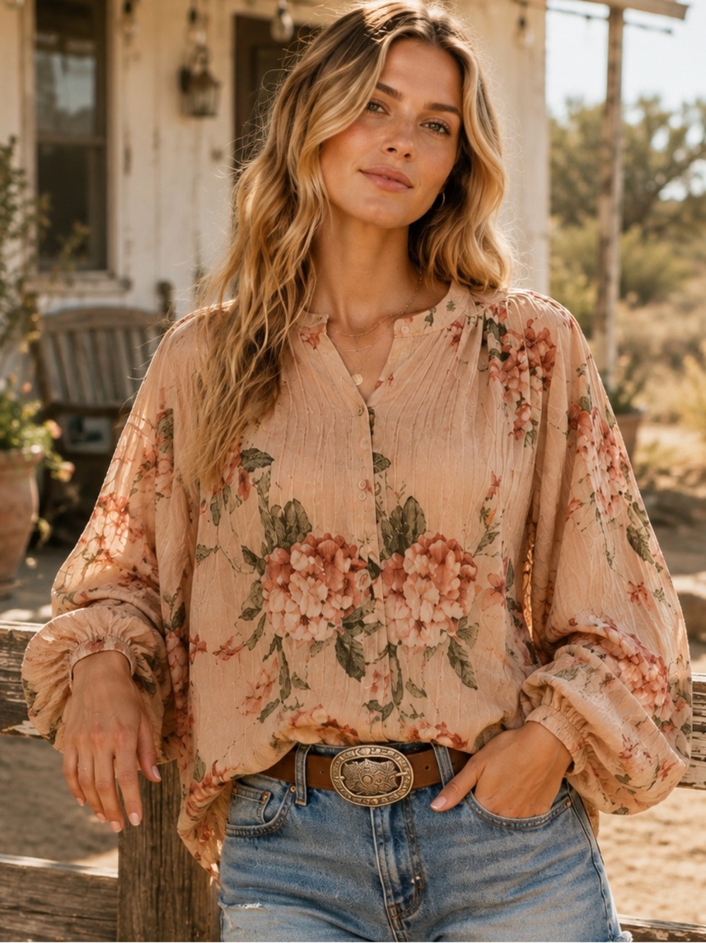 Scoop NYC -Floral Balloon Sleeve Crinkle Blouse | Blush Pink Button Front Top